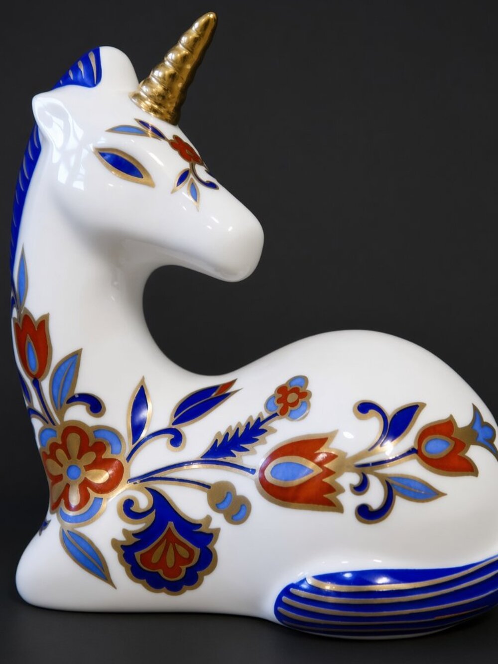 Vintage Porcelain Unicorn Figurine White Gold Cobalt Blue Floral Paperweight
